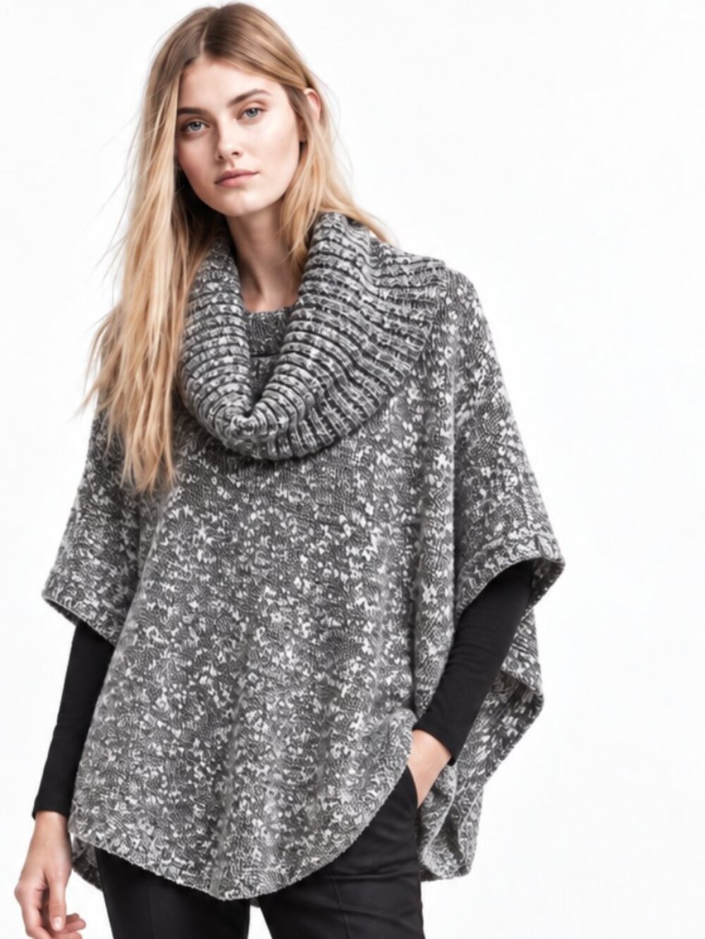 Chaps Cotton-blend Knit Poncho Sweater | Grey & White Marled | Cowl Neck